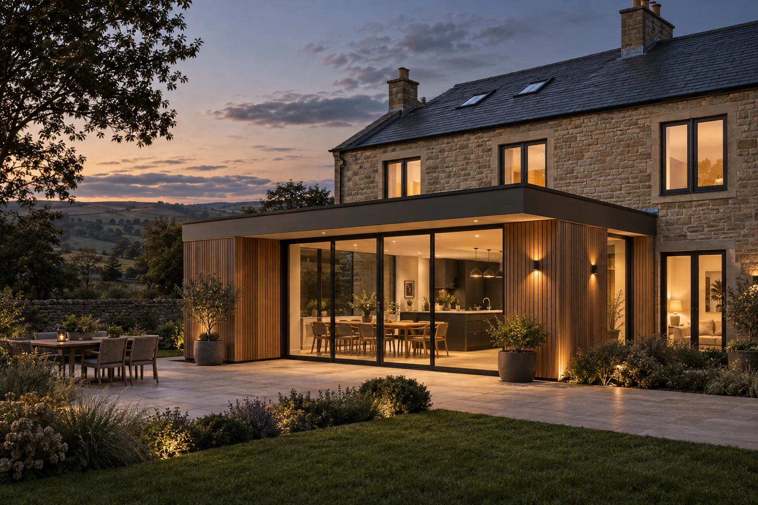 Architectural concept of a warm stone home with a contemporary extension